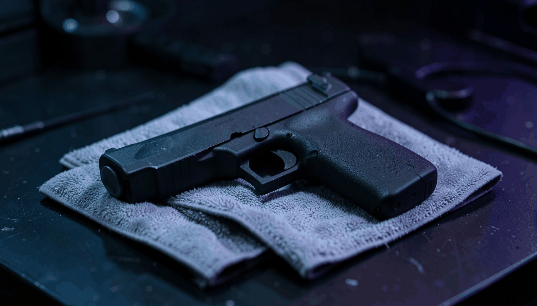 Dark tactical workbench with a matte black semi-automatic pistol resting on a soft gray microfiber cloth, low-key lighting