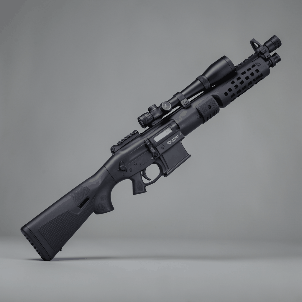 Dark matte tactical shotgun with textured stock and extended magazine tube, angled against a muted studio backdrop